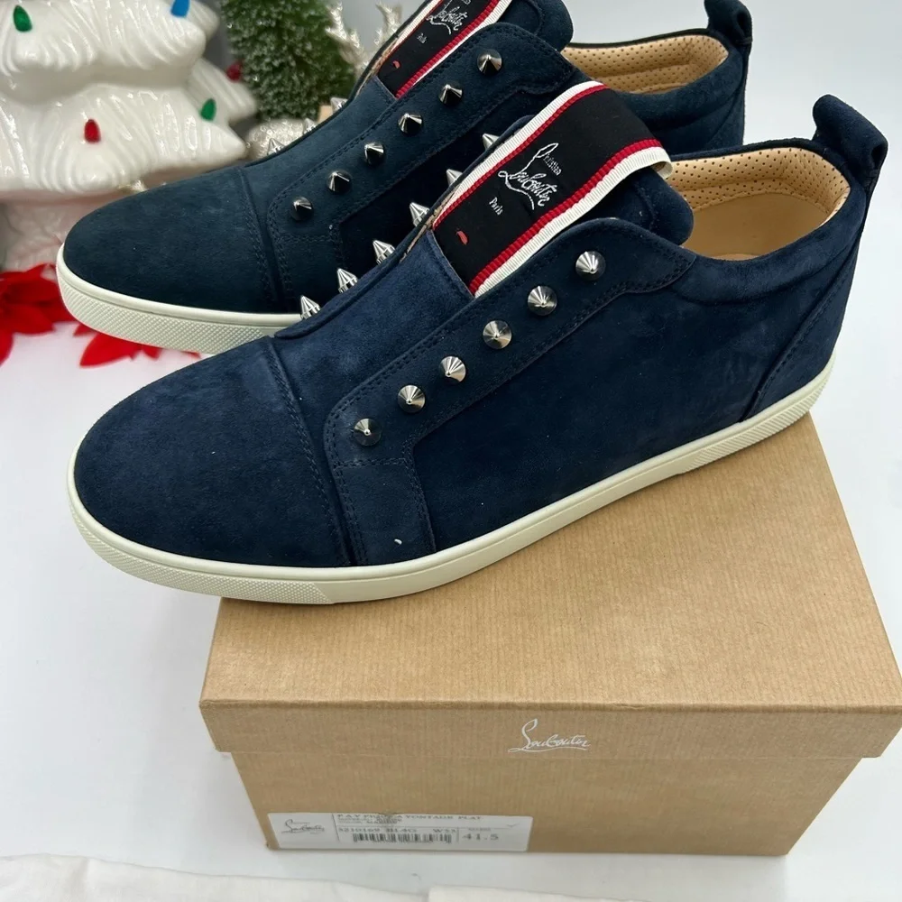 Christian Louboutin Navy Suede Spike-Embellished Sneakers with Red Accent